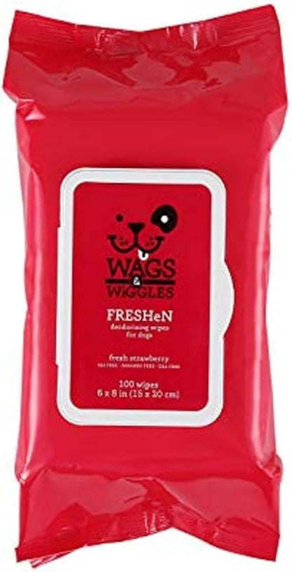 Wags & Wiggles Freshen Deodorizing Wipes for Dogs, Fresh Strawberry Scent - Dog Wipes Eliminate Odors - Easy and Convenient Way to Freshen Your Pet Without A Bath, 100 Count