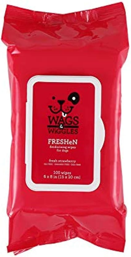 Wags & Wiggles Freshen Deodorizing Wipes for Dogs, Fresh Strawberry Scent - Dog Wipes Eliminate Odors - Easy and Convenient Way to Freshen Your Pet Without A Bath, 100 Count